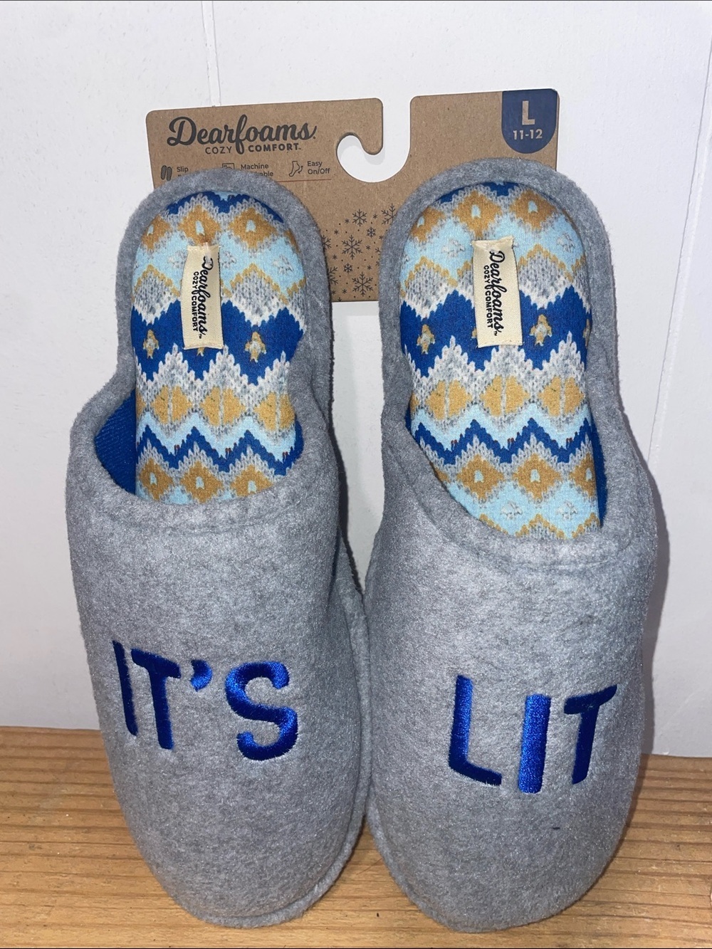 dearfoams Gray Slippers with Blue Embroidery